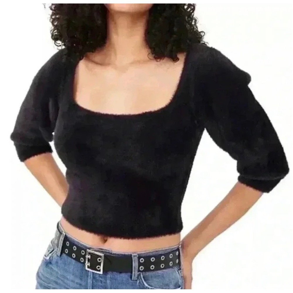 Free People Moonbeam Black Fuzzy Square Neck Puff Sleeve Crop Sweater‎ Eyelash